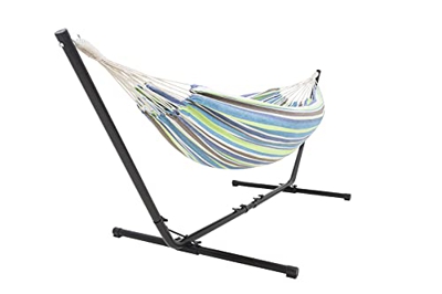 Hamaca con Soporte – Hamaca Doble / 205 kg - Estructura Ajustable 290-330 cm - Área de Descanso 241 * 160 - con Bolsa de Transporte (Azul/Verde)