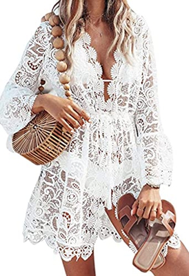 Vestido de Playa Mujer  Camisolas y Pareos Sexy Hueco Bikini Cover up con Cuello en V Manga Larga Traje de Baño Punto de Encaje Vestido de Playa