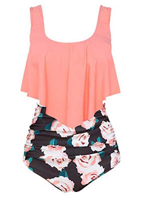Aidotop Bañador para Mujer Top con Volantes Cintura Alta Traje de baño Trajes de baño de Dos Piezas Bikini Sets(7orange Flower, 10-12(M))