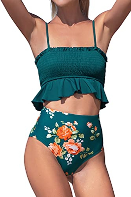 CUPSHE Conjunto de Bikini para Mujer de Talle Alto Estampado Floral Volante Traje de Baño de Dos Piezas, XXL