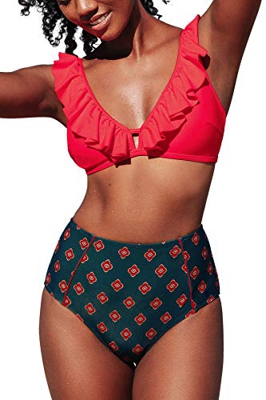 CUPSHE Conjunto de Bikini Cintura Alta Volante Rayas Traje de Baño de Dos Piezas, M