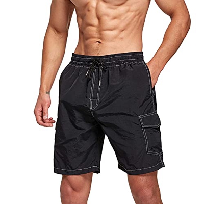 JustSun Bañador para hombre con varios bolsillos, impermeable, de secado rápido, Negro, M