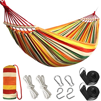Anyoo Hamaca de Algodón para Jardín con Barra de Madera Curvada de 40 cm Hamaca Cómoda Portátil con Bolsa de Viaje Compacta, Patio Interior / Exterior