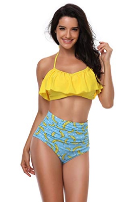 Voqeen Traje de Baño Conjunto de Bikini Mujer Cintura Alta Traje de Baño de Dos Piezas Volantes Estampado Ropa de Playa (Amarillo + Estampado, M)