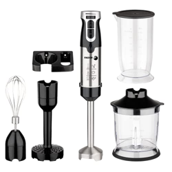 FAGOR Batidora de mano DivaMix Plus Black con 5 accesorios. 1000W de potencia y 4 cuchillas de acero inoxidable. Control de velocidad variable y botón características