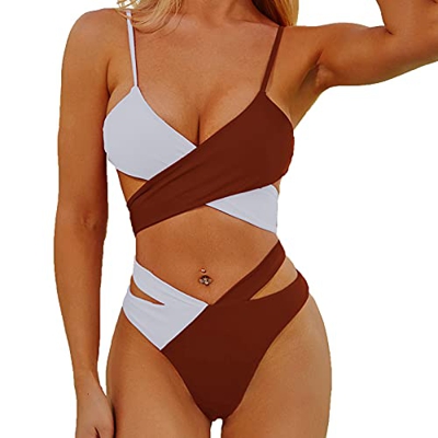 Bikinis de Costura de 2 Color para Mujer, Traje de Baño con Doble Frontal Cruzada Delantera Sexy Bañador de Bikini Halter Push Up Nuevo Ropa con Incis
