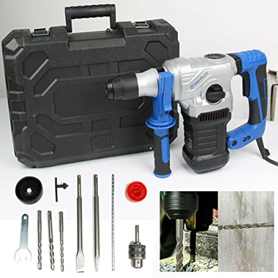 Taladro Percutor, Martillo Demoledor de 1500W, 6 Velocidades, Mango Giratorio de 360 ° y Mandril SDS Plus, Incluyendo Cinceles y Brocas, con Caja, par