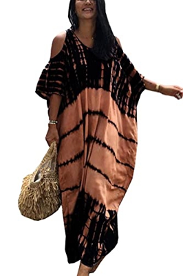 LikeJump Mujer Bohemia V Cuello Vestido de Playa Maxi Kaftan Kimono Pareos Bikini Cover Ups