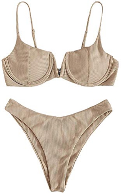 CheChury Moda Bikini de Dos Piezas para Mujer Correa Ajustable Push Up Aros Bañador Sexy Diseño Frontal en V Raya Color Sólido Ropa de Playa