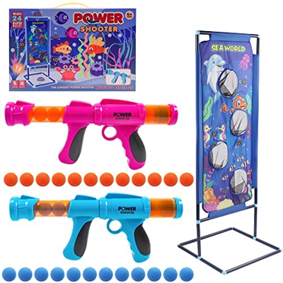Lanzador Pelotas Espuma y Objetivo de Tiro,2 Pcs Juguete Power Gun con Objetivo de Disparo de Pie, Niños, Juguete de rol para Interiores y Exteriores(