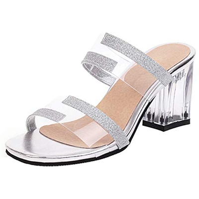 DunaCuna Mujer Moda Tacón Ancho Sandalias sin Cordones Transparente Vestido Zapatos de Fiesta Punta Abierta Biller Sandalias Silver Talla 32 Asiática