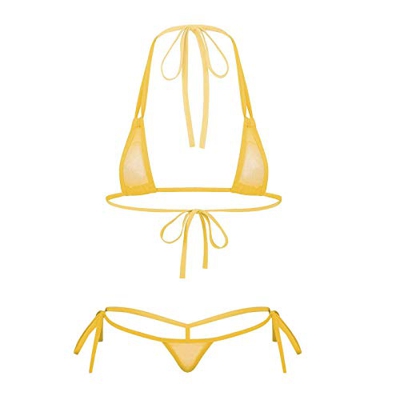 inhzoy Conjunto de Micro Bikini con Tiras de Malla Transparente Sexy para Mujer Traje de Baño Triangular Ropa para Playa de Tomar el Sol Amarillo Tall