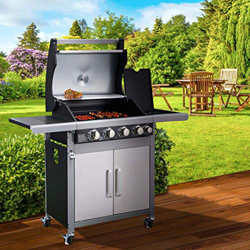 BRAST Barbacoa de gas 4+1quemadores 14,5kW acero inoxidable, tapa, regulador, manguera de gas. Para salsas, guarniciones, asados, bistecs. Amplia supe en oferta