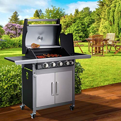 BRAST Barbacoa de gas 4+1quemadores 14,5kW acero inoxidable, tapa, regulador, manguera de gas. Para salsas, guarniciones, asados, bistecs. Amplia supe