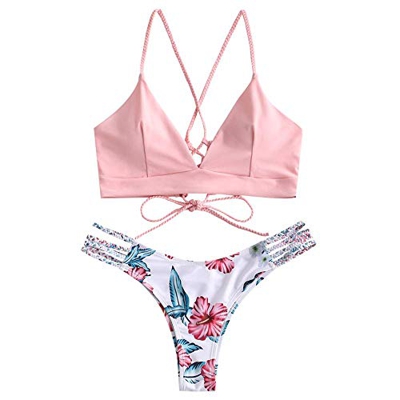 CheChury Conjunto de Bikini con Estampado de Girasol Moda Mujer 2021 brasileños Push Up Traje de bañode Dos Piezas con Encaje Trenzado