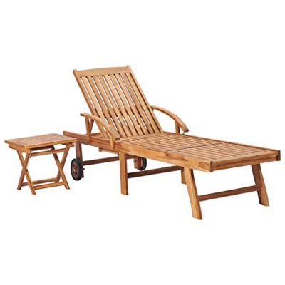 BIGTO - Tumbona con mesa de madera maciza de teca para exteriores (195 x 59,5 x 35 cm), diseño de jardín
