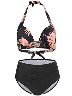 FLYILY Traje de baño para Mujer Talle Alto Acolchado Halter Playa bañador(BlackFlower,L)