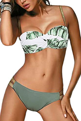 JFAN Traje de Baño de Mujer Cinturón Dorado Acolchado Bra Tops de Bikini Conjunto de Bikini de Color Liso Push Up Swimwear Dos Piezas Trajes de Baño D