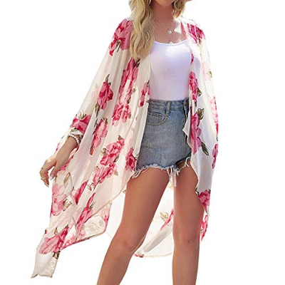 Kimono largo floral o estampado, de gasa, para playa, diseño boho, parte delantera abierta, holgada, blusa verano para mujer Rosa albaricoque M