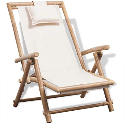 Dioche Tumbona Relax, sillón de exterior, plegable, tumbona para jardín exterior, bambú + tela, 62 x 86 x (71-91) cm