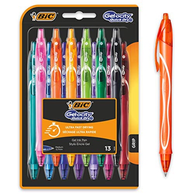 BIC Gel-ocity Quick Dry Bolígrafos de Gel de punta media (0,7mm) - Colores Surtidos, Blíster de 13 Unidades – Bolígrafo retráctil con tinta de secado 