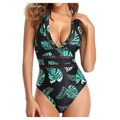 LANSKIRT Bikins Mujer 2020 Sexy Traje de Baño Una Pieza de Encaje Sexy de Talla Grande Bikinis Trikini Biquini Estampadas Planta Verde Bohemios Ropa d