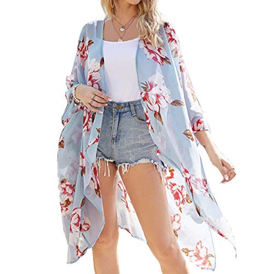 Kimono largo floral o estampado, de gasa, para playa, diseño boho, parte delantera abierta, holgada, blusa verano para mujer Azul Azul Claro L