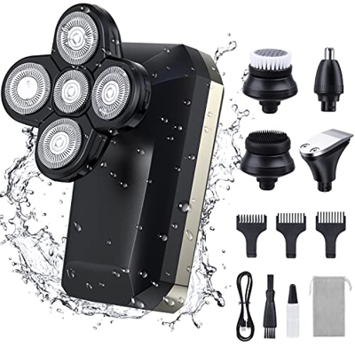 Afeitadora Cabeza Hombre, 100% Impermeable 5 en 1 Maquina de Afeitar Hombre, Recargable 5D Afeitadora Electrica para hombre Mojado y Afeitadora Seca c
