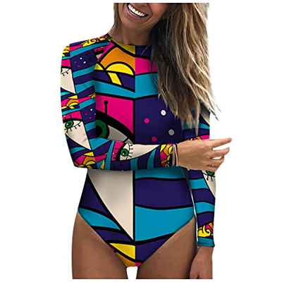 POachers Mujer Bañadores de Manga Larga Pintura Abstracta Reducir Barriga Traje de Baño una Pieza Push Up con Relleno Ropa de Baño de Entero Adecuado 