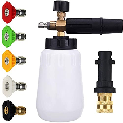 QAQGEAR Pistola de Lavado a presión de cañón de Espuma, Lanza de Espuma de Nieve, Conector rápido de 1/4 Pulgadas con 5 Puntas de Boquilla de Lavado a