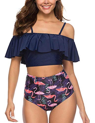Voqeen Mujer Bikini con Cuello Halter Acolchado y Volante Acanalado de Cintura Alta y Traje de baño