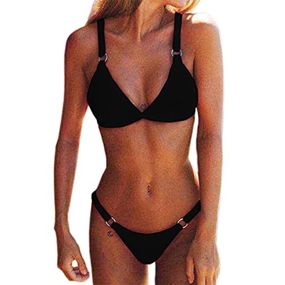 Bipily Conjuntos de Bikinis para Mujer Color Sólido Traje De Baño Bikini Triángulo Tanga 2 Piezas Traje de baño brasileño Push-Up Traje de baño-Negro-