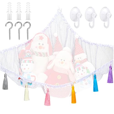 Niktule Hamaca de peluche con 3 ganchos y múltiples borlas, para mantener el orden y exhibir juguetes