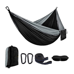 Hamaca portátil para acampar - Nylon de paracaídas ligero, juego de correas de árbol, negro, 2 mosquetones y 1 máscara para los ojos gratis precio