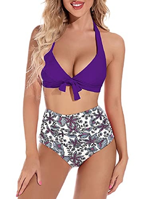 Voqeen Conjunto de Bikinis de Cintura Alta para Mujer Traje de baño Anudado con Lazo Empuje hacia Arriba Estampado Conjunto de Bikini Traje de baño co