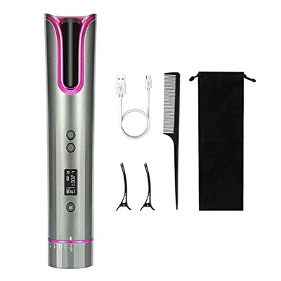 Automatic Curling Iron, Rechargeable USB Cordless Curling Iron with LCD Temperature Display and Timer, 4 Adjustable Temperatures Portable Rotating Cur
