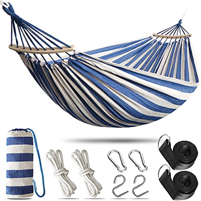 Anyoo Hamaca de Algodón para Jardín con Barra de Madera Curvada de 40 cm Hamaca Cómoda Portátil con Bolsa de Viaje Compacta, Patio Interior / Exterior
