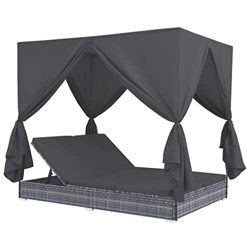 vidaXL Salón al aire libre cama con cortinas jardín patio chaise sofá cama asiento relajante sofá cama tumbona muebles Poly Rattan gris en oferta