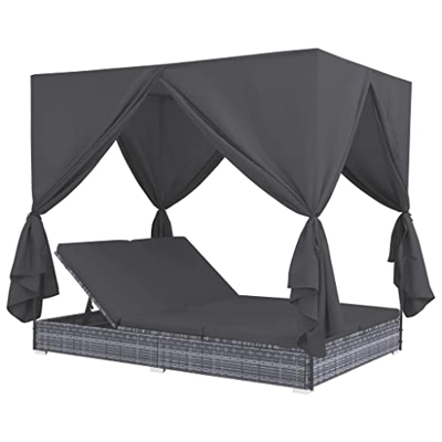 vidaXL Salón al aire libre cama con cortinas jardín patio chaise sofá cama asiento relajante sofá cama tumbona muebles Poly Rattan gris