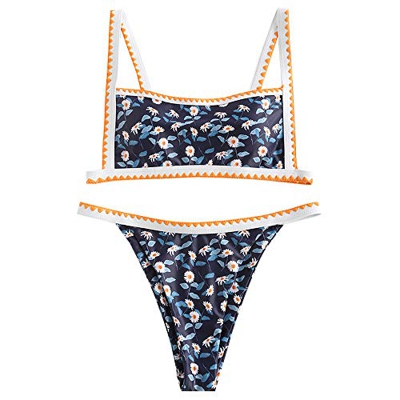 ZAFUL Bikini para mujer Ditsy Floral Bohemian Tie Whip Stitch Print Bikini Juegos de baño, Azul-3, S