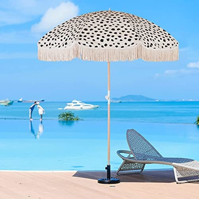 JRZTC Sombrilla de Playa al Aire Libre Toldo de sombrilla Impermeable con inclinación de Madera con Flecos 6.6ft / 2m, Sombrilla de jardín Plegable Bo
