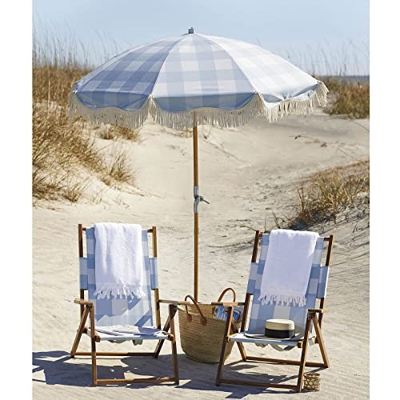 JRZTC Sombrilla de Playa de Madera, sombrilla de jardín inclinable con Flecos de 200 cm, sombrilla Plegable para Patio, sombrilla de Exterior a Cuadro
