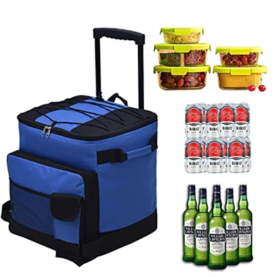 Bolsa nevera grande de 43 litros, plegable, para el almuerzo, bolsa térmica con barras de acoplamiento y ruedas, para camping, picnic, al aire libre, 