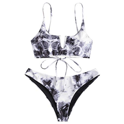 Zaful Bikini sexy en forma de V con tirante fino y diseño de rayas gris M precio