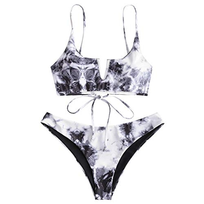 Zaful Bikini sexy en forma de V con tirante fino y diseño de rayas gris M