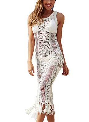 cffvdiz Mujeres Sexy Crochet Mesh Malla De Playa Vista De Playa Vestido De Punto,Blanco,L