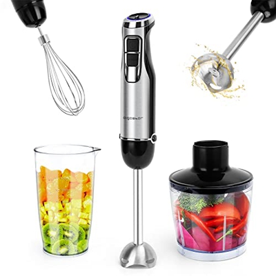 Batidora de mano 4 en 1 1000W. Equipado con pies mezcladores, mini picadora, bol para mezclar y cuenco dosificador de 600 ml, seis velocidades y modos