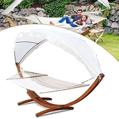 Lospitch Hamaca con estructura de madera, hamaca con techo, hamaca Hammock hasta 200 kg, para 2 personas al aire libre
