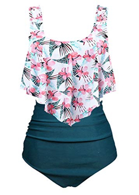 Aidotop Bañador para Mujer Top con Volantes Cintura Alta Traje de baño Trajes de baño de Dos Piezas Bikini Sets(9green Plum, 6-8(S))