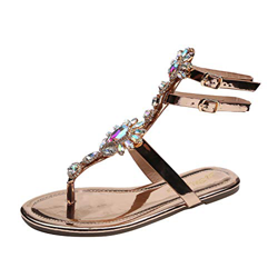 Jamron Mujer Sandalias Bohemias Altas de Tobillo con Brillantes Diamantes Tacón Plano Gladiador Sandalias de Tiras con Hebilla Champán EU38 en oferta